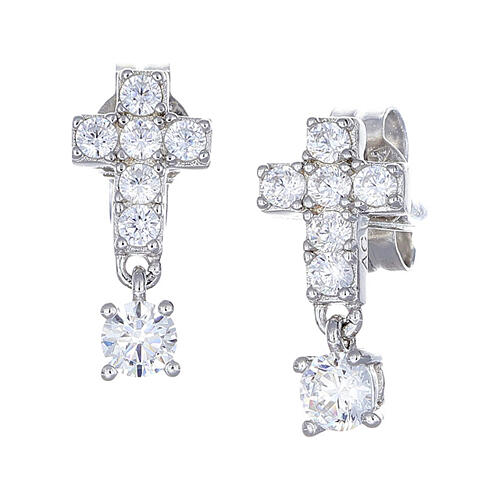 Amen earrings with cross and white rhinestone, rhodium-plated 925 silver 1