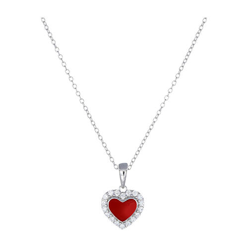 Amen necklace with red enamelled heart, rhodium-plated 925 silver and white rhinestones 1