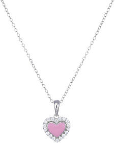 Amen necklace with pink enamelled heart, rhodium-plated 925 silver and white rhinestones