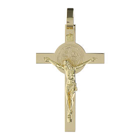 Cross pendant with medal of Saint Benedict and INRI plate, 14K gold