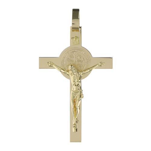 Cross pendant with medal of Saint Benedict and INRI plate, 14K gold 1