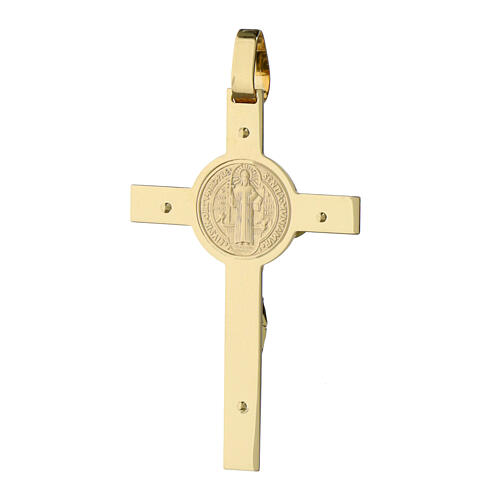 Cross pendant with medal of Saint Benedict and INRI plate, 14K gold 3