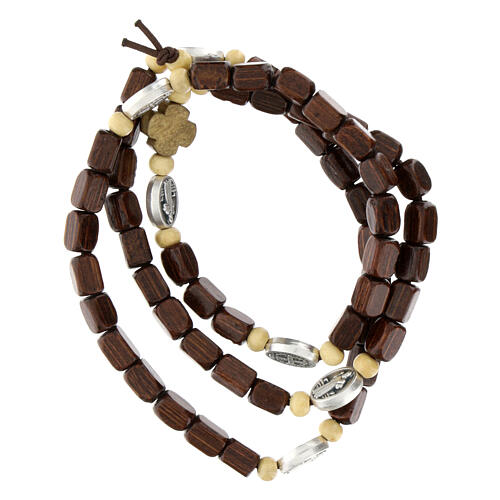 Rosary bracelet for teens, cylindrical wooden beads, medal of St Benedict 1