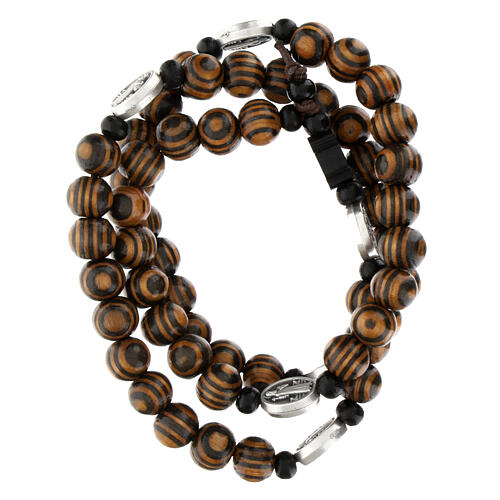 Elastic rosary bracelet for teens, bicoloured olivewood, medal of St Benedic 1