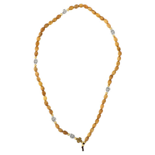 Elastisches Armband aus hellem Olivenholz mit ovalen Körnern des Heiligen Benedikt 3