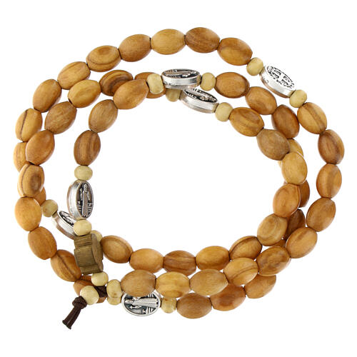 Elastic rosary bracelet for men, light olivewood oval beads, medal of St Benedic 1