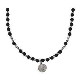 Rosenkranz-Halskette mit Medaille des heiligen Benedikt aus 925er Silber und vulkanischem Lavagestein
