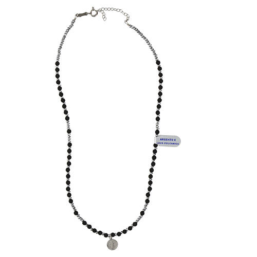 Rosary choker with medal of St Benedict, 925 silver and volcanic lava beads 3