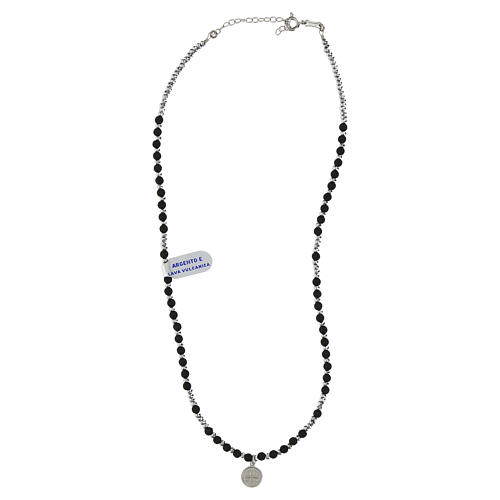 Rosary choker with medal of St Benedict, 925 silver and volcanic lava beads 4