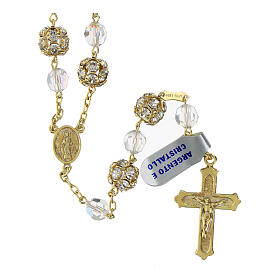 Rosary with rhinestone balls of 0.4 in and iridescent crystals, gold plated 925 silver