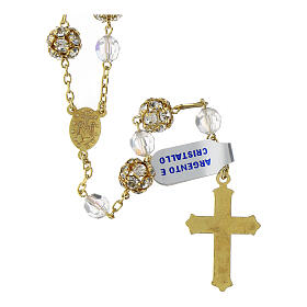 Rosary with rhinestone balls of 0.4 in and iridescent crystals, gold plated 925 silver