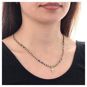 Rosary choker of black and golden hematite, cross-shaped pendant, gold plated 925 silver
