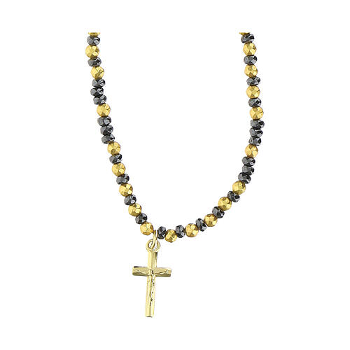 Rosary choker of black and golden hematite, cross-shaped pendant, gold plated 925 silver 1