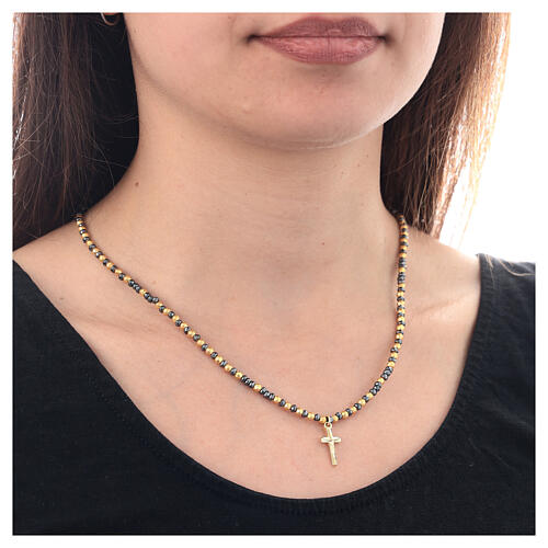 Rosary choker of black and golden hematite, cross-shaped pendant, gold plated 925 silver 2