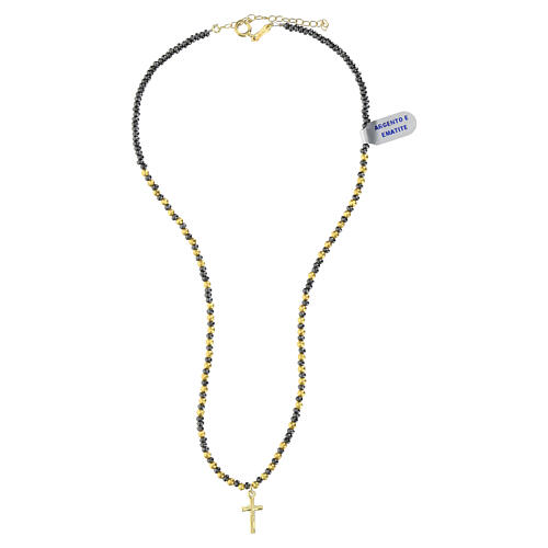 Rosary choker of black and golden hematite, cross-shaped pendant, gold plated 925 silver 4