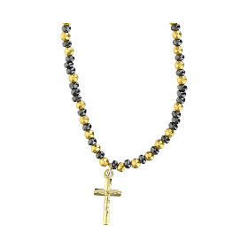 Collier ras de cou hématite noir or croix pendentif argent 925 doré