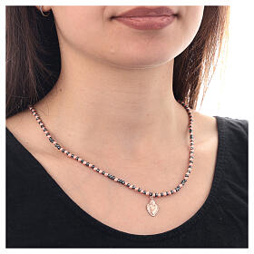 Necklace of the Sacred Heart, rosé 925 silver, pink and black hematite