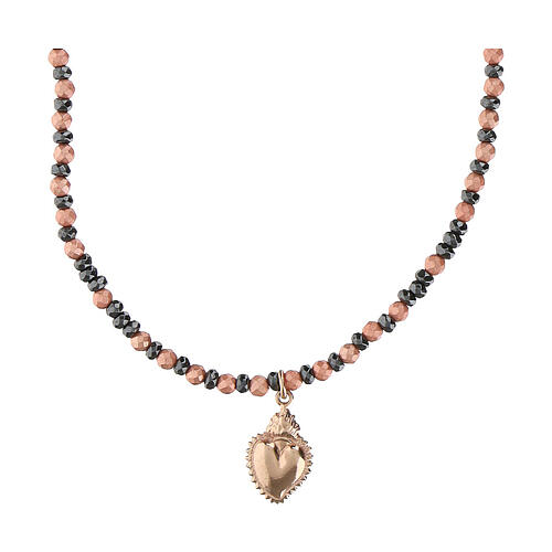 Necklace of the Sacred Heart, rosé 925 silver, pink and black hematite 1