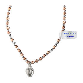 Necklace of the Sacred Heart, pink hematite of 0.16 in, rhodium-plated 925 silver