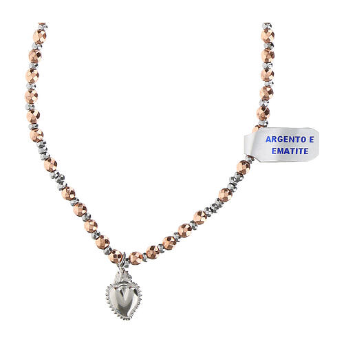 Necklace of the Sacred Heart, pink hematite of 0.16 in, rhodium-plated 925 silver 1