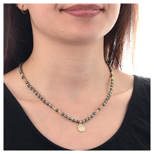 Chocker with Lourdes medal, golden hematite of 0.16 in, 925 silver 2