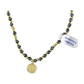 Golden hematite necklace 4 mm Lourdes medal 925 silver