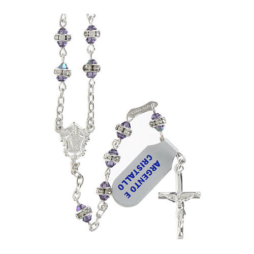 Rosary of 925 silver, purple crystals with rhinestone ring of 0.12 in, decorated medal 1