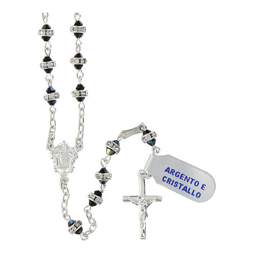 Rosary with petroleum coloured crystals, rhinestone ring of 0.12 in, 925 silver 1