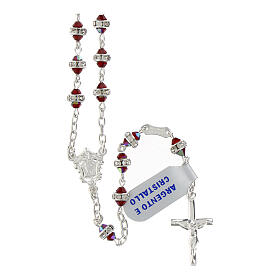 Rosary with 0.12 in red crystals, white rhinestone ring, classic medal, 925 silver