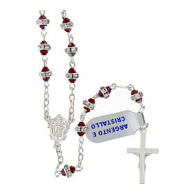 Rosary with 0.12 in red crystals, white rhinestone ring, classic medal, 925 silver