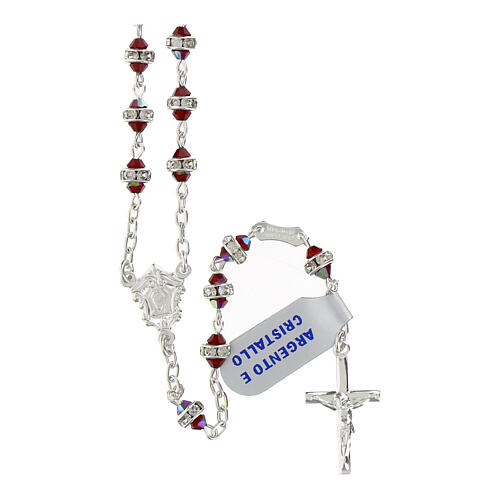 Rosary with 0.12 in red crystals, white rhinestone ring, classic medal, 925 silver 1