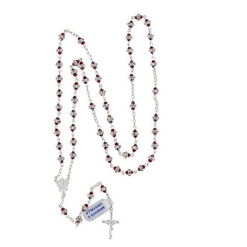 Rosary with 0.12 in red crystals, white rhinestone ring, classic medal, 925 silver 4