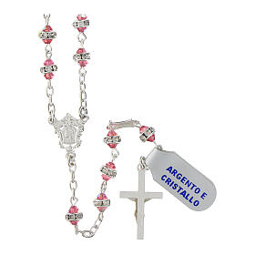 Rosary with pink crystals and white rhinestone rings, 925 silver, classic medal