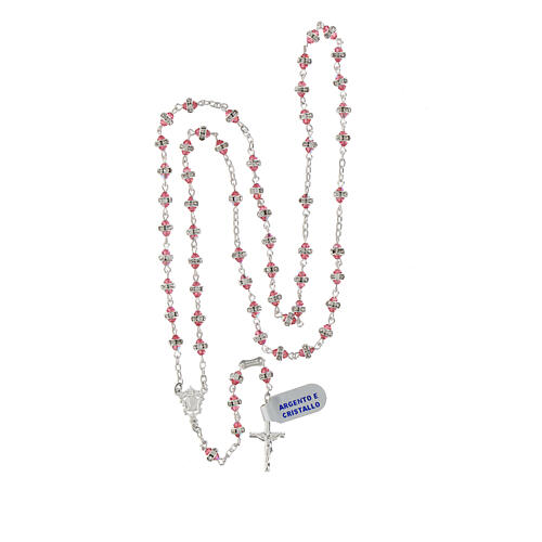 Rosary with pink crystals and white rhinestone rings, 925 silver, classic medal 4