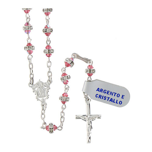 Rosario grani rosa argento 925 cristallo strass crociera classica 1