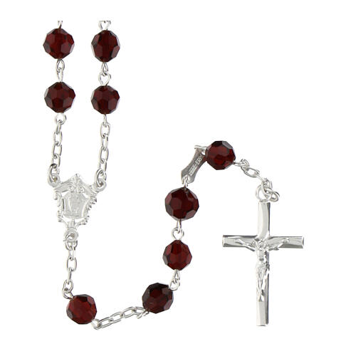 Rosary with classic medal, garnet faceted crystals of 0.24 in, 925 silver 1