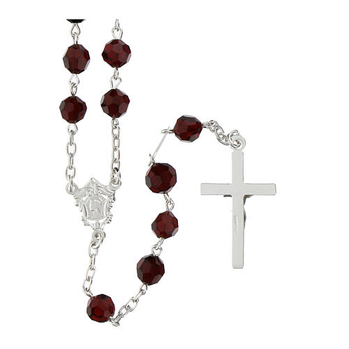 Rosary with classic medal, garnet faceted crystals of 0.24 in, 925 silver 2