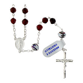 Rosary with white Pater Noster beads with crosses, garnet faceted crystals and Miraculous Medal, 925 silver