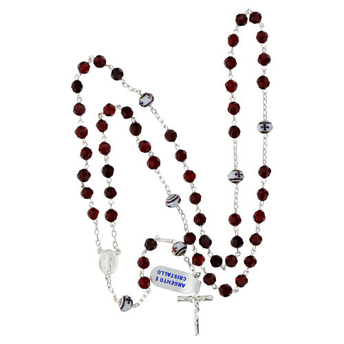 Rosary with white Pater Noster beads with crosses, garnet faceted crystals and Miraculous Medal, 925 silver 4