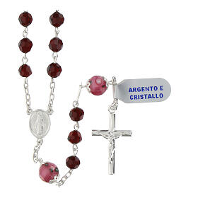 Rosary with pink Pater Noster beads with roses, garnet faceted crystals of 0.24 in and Miraculous Medal, 925 silver