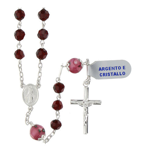 Rosary with pink Pater Noster beads with roses, garnet faceted crystals of 0.24 in and Miraculous Medal, 925 silver 1