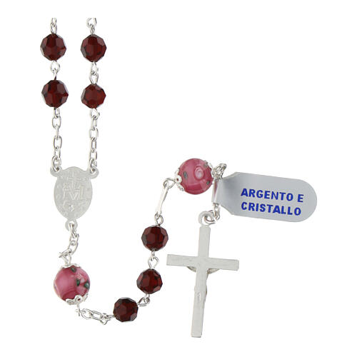 Rosary with pink Pater Noster beads with roses, garnet faceted crystals of 0.24 in and Miraculous Medal, 925 silver 2