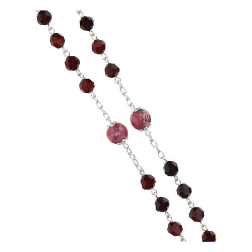 Rosary with pink Pater Noster beads with roses, garnet faceted crystals of 0.24 in and Miraculous Medal, 925 silver 3