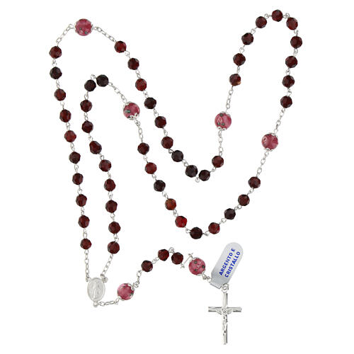 Rosary with pink Pater Noster beads with roses, garnet faceted crystals of 0.24 in and Miraculous Medal, 925 silver 4