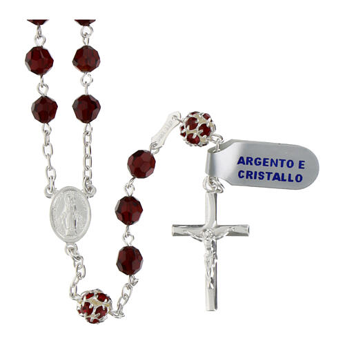 Rosary with garnet faceted crystals of 0.24 in, Pater Noster rhinestone balls, 925 silver 1