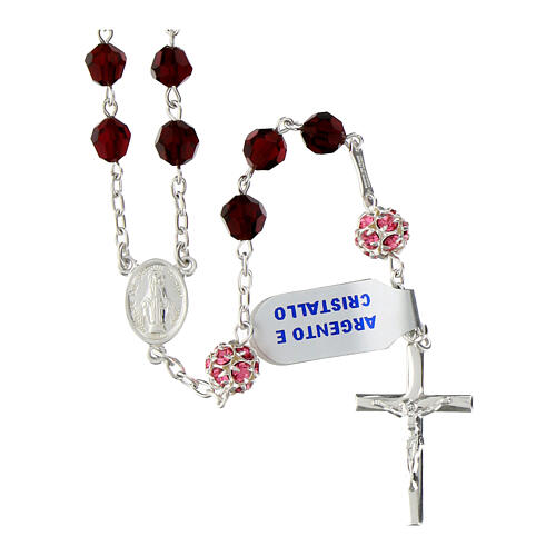 Rosary with garnet faceted crystals of 0.24 in and pink rhinestone balls, 925 silver 1