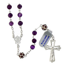 Rosary with amethyst beads of 0.24 in, purple rhinestone balls, 925 silver