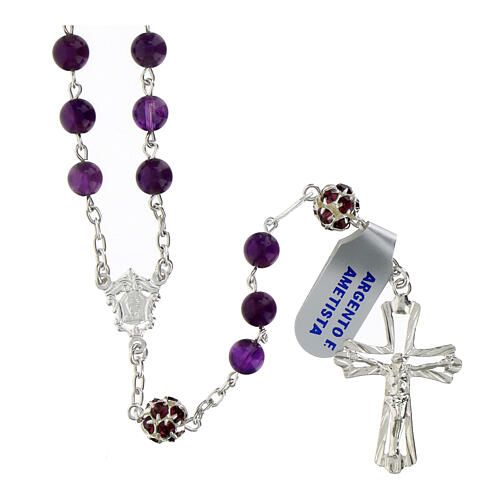 Rosary with amethyst beads of 0.24 in, purple rhinestone balls, 925 silver 1