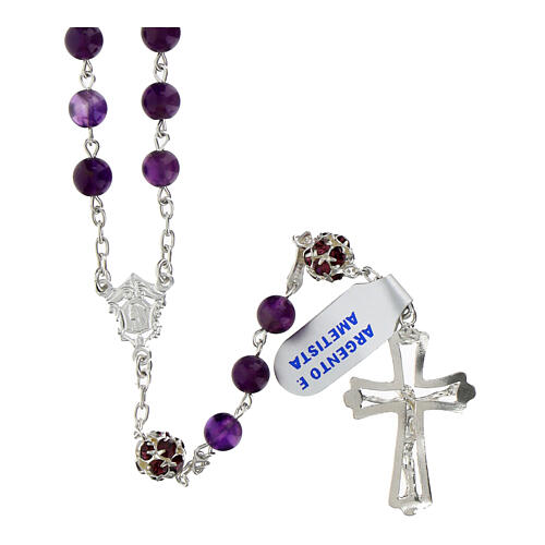 Rosary with amethyst beads of 0.24 in, purple rhinestone balls, 925 silver 2