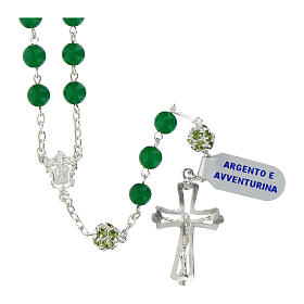 Rosary with aventurine beads of 0.24 in, green rhinestone balls, 925 silver